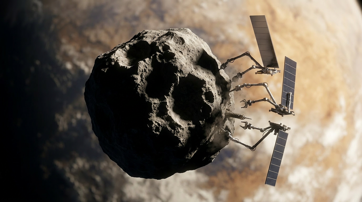 A modular, self-reconfiguring RoboForge robot system operating near an asteroid in deep space